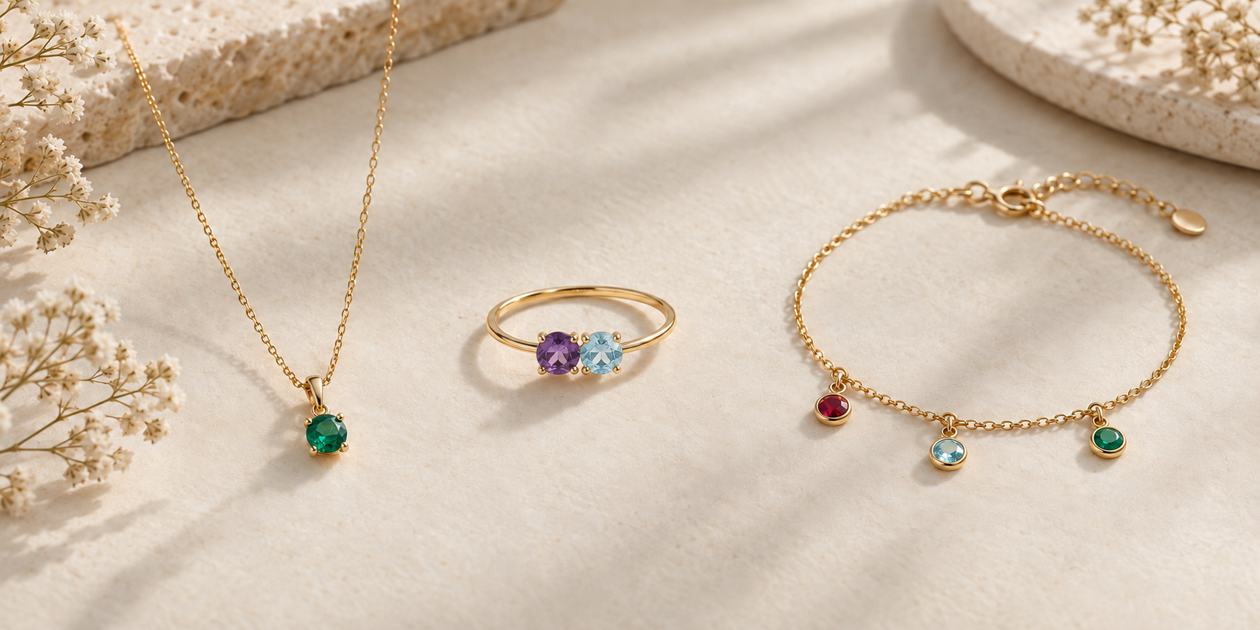 Illustration d’un collier avec émeraude, d’une bague toi et moi avec améthyste et aigue-marine et d’un bracelet avec rubis, aigue-marine et émeraude